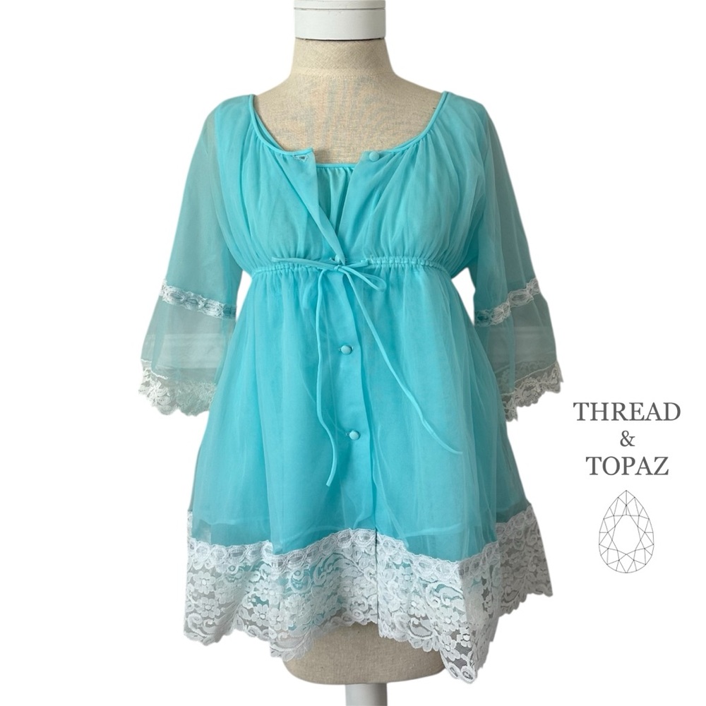 Radcliffe Vintage 60s Babydoll Aqua Blue Nylon Negligee Robe Nightie Set Small